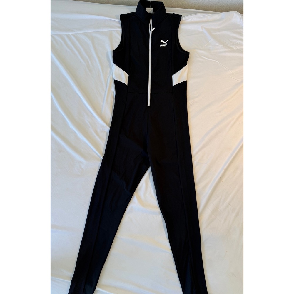 Puma Women's Full Zip Sleeveless Jumpsuit Bodysuit Black White Size Large NWT